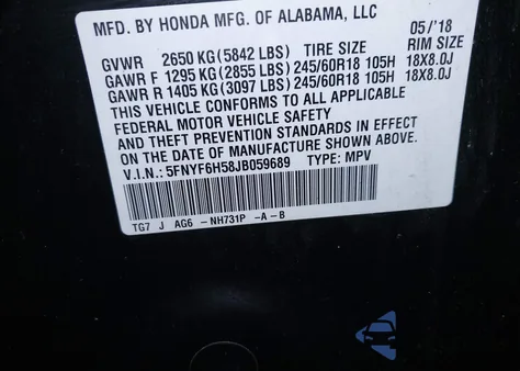 2018 Honda Pilot Ex-L z USA, uszkodzony, nr VIN 5FNYF6H58JB059689